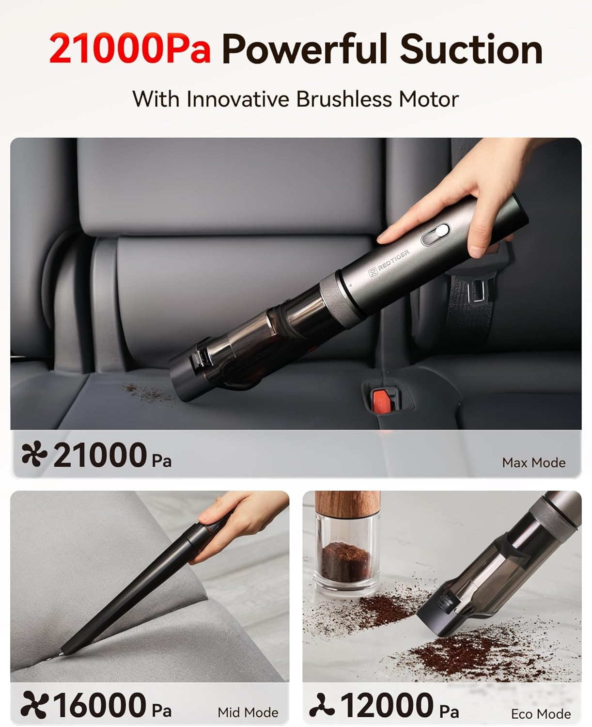 REDTIGER Cordless Car Vacuum - 21000PA Portable Handheld Cleaner with 70 Min Runtime | Lightweight 4-in-1 Design