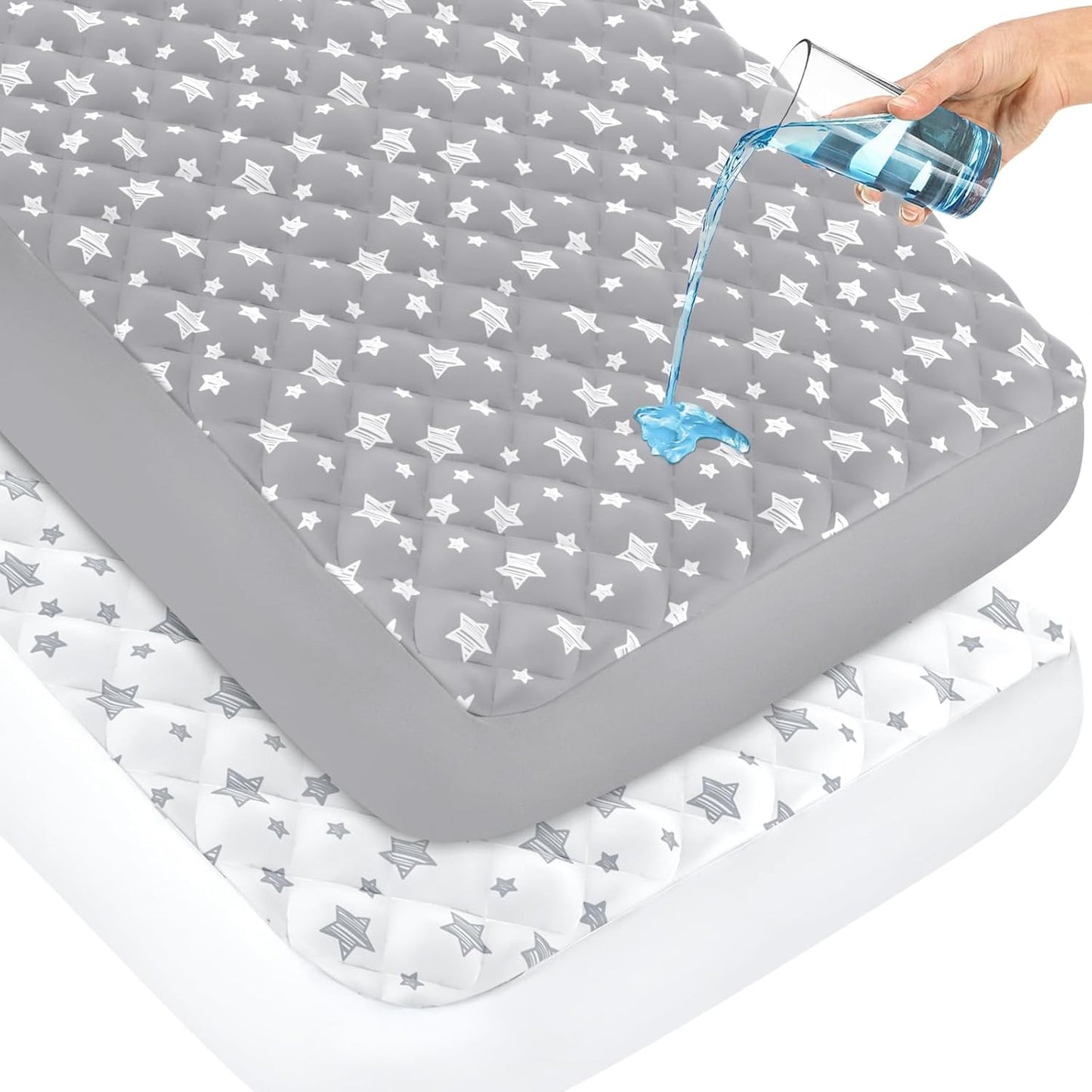 Skiennix Crib Mattress Protector - Waterproof Quilted Pad Cover, Extra Soft & Breathable | 52" x 28", Grey & White Star (2 Pack)