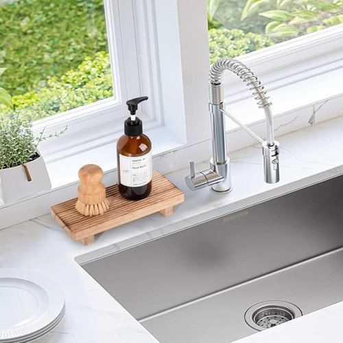 Farmhouse Decor Wood Riser Tray by [Brand Name] - Stylish Pedestal Stand for Kitchen & Bathroom | 8.7 x 3.6 Inches, Brown