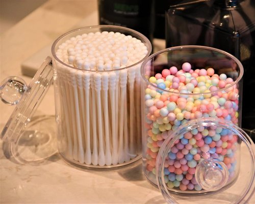 DAPOWER Qtip Holder Canister - 10-Ounce Clear Plastic Apothecary Jar with Lid for Cotton Swabs & Balls