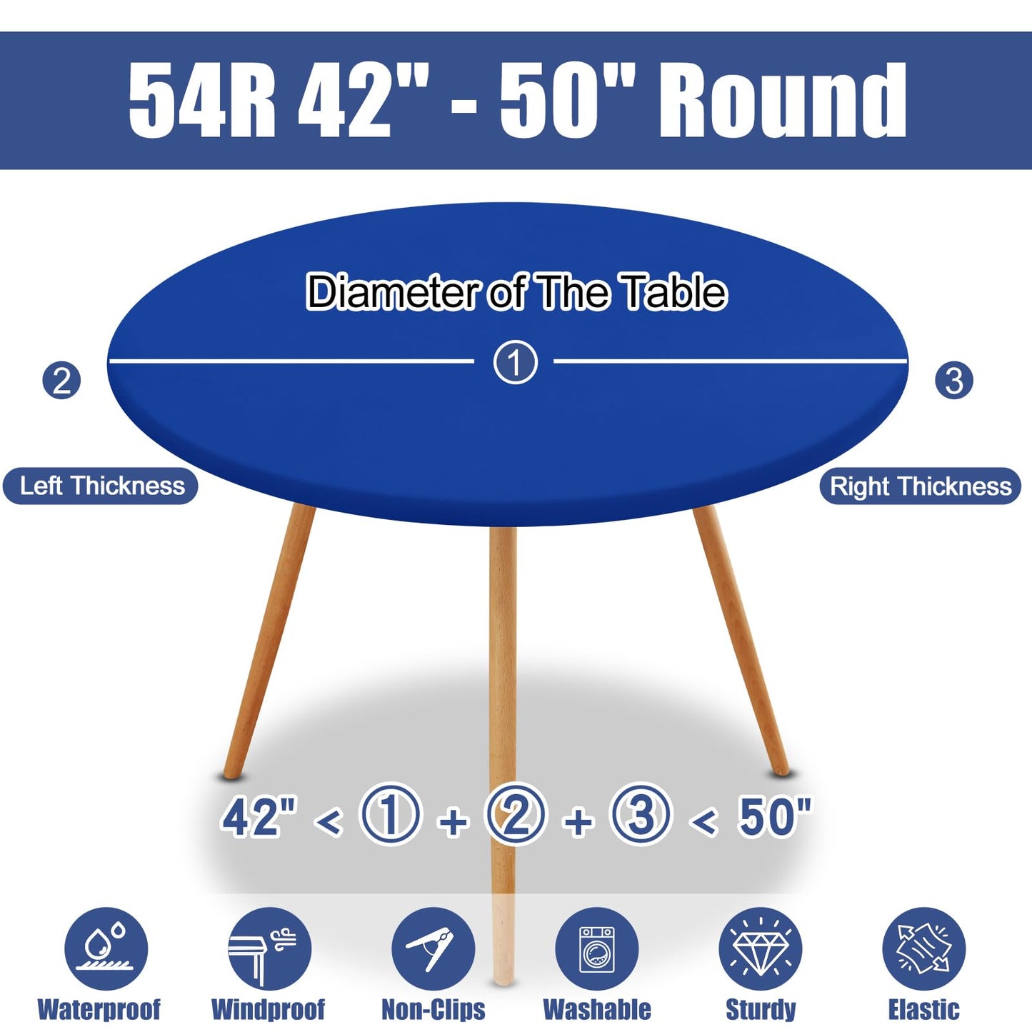 Moosfor Round Spandex Tablecloth, Elastic Fitted Waterproof Tablecloths for 42"-50" Tables, Stretch Washable Picnic Table Cover for Camping, Dining, Indoor and Outdoor, Blue