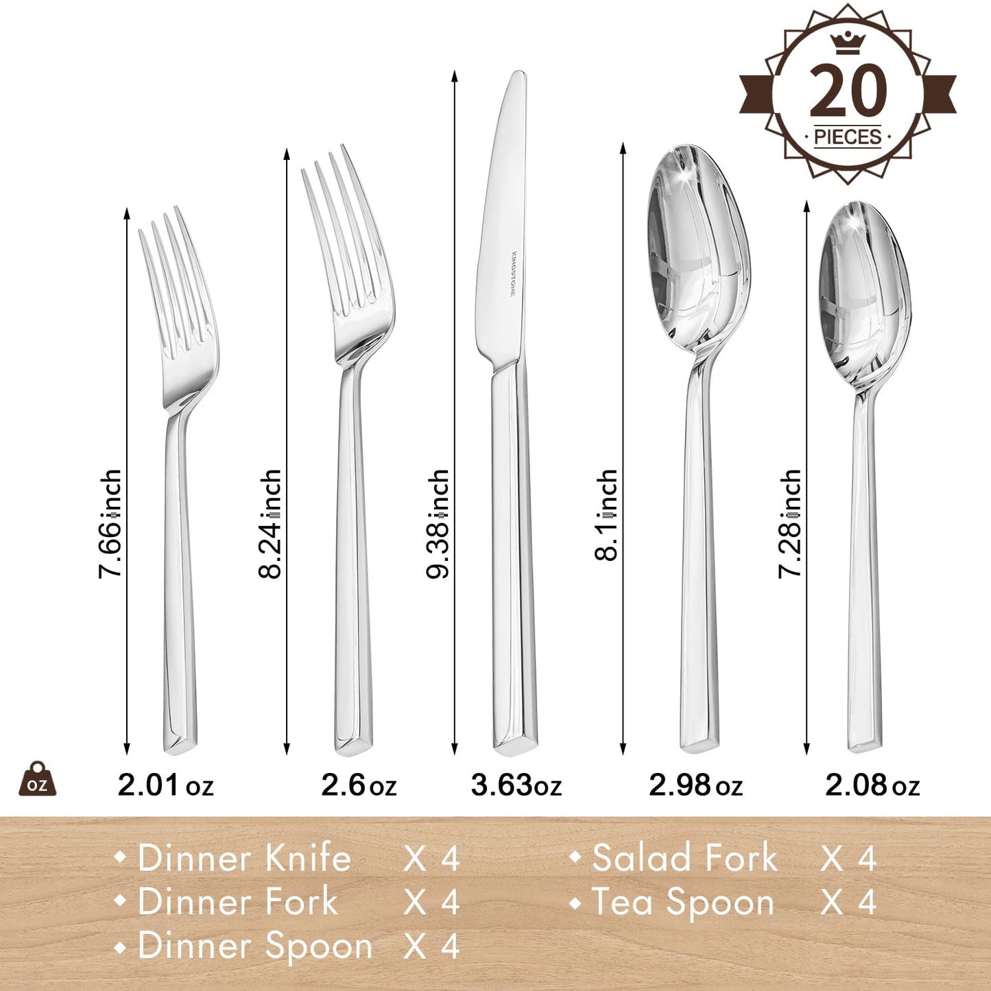 KINGSTONE Silverware Set, 40-Piece Flatware Cutlery Set Premium Stainless Steel, Service for 8, for Kitchen, Home, Wedding, Party, Mirror Polished and Dishwasher Safe