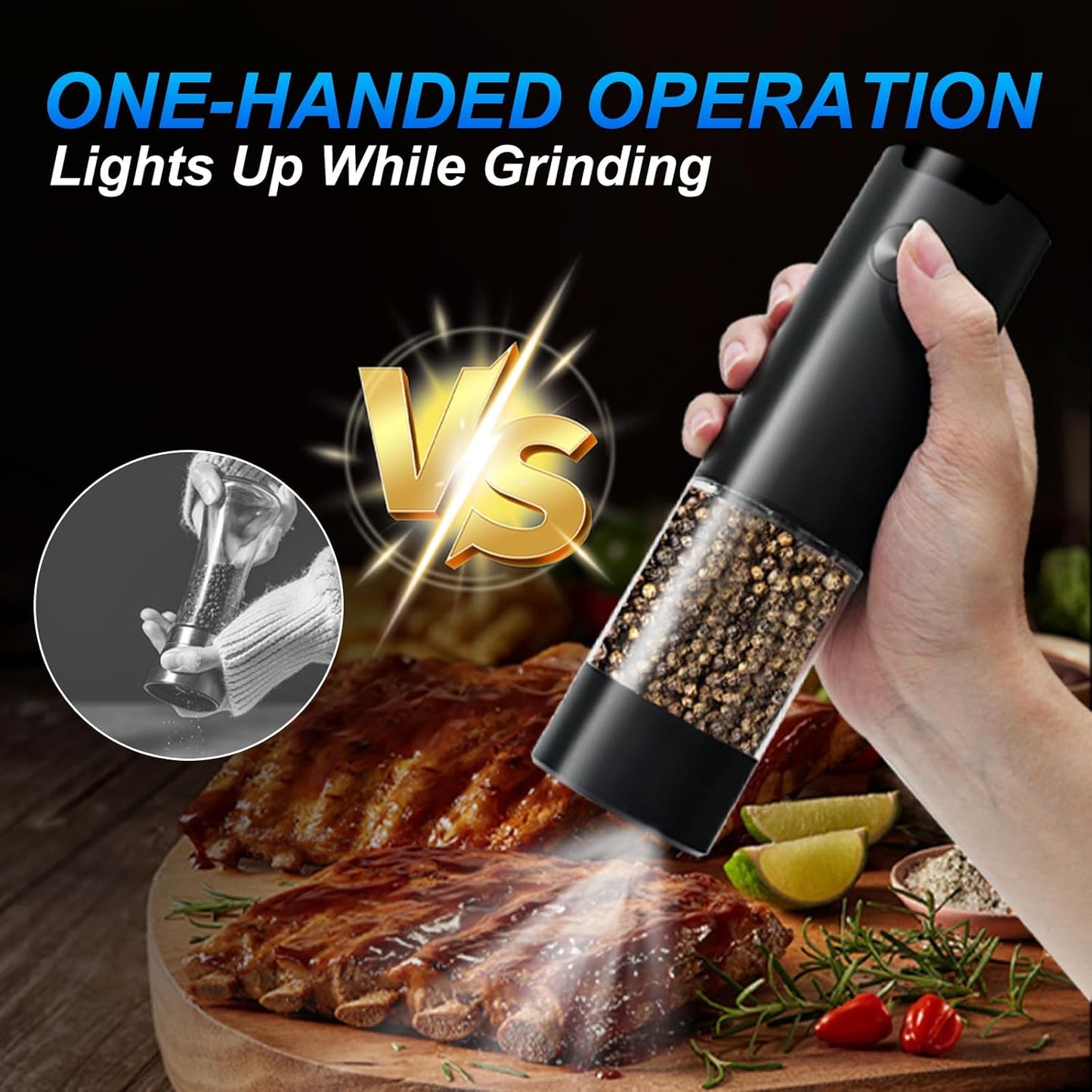 Skiennix Electric Pepper & Salt Grinder - Adjustable Coarseness, LED Light, One-Handed Operation | Black