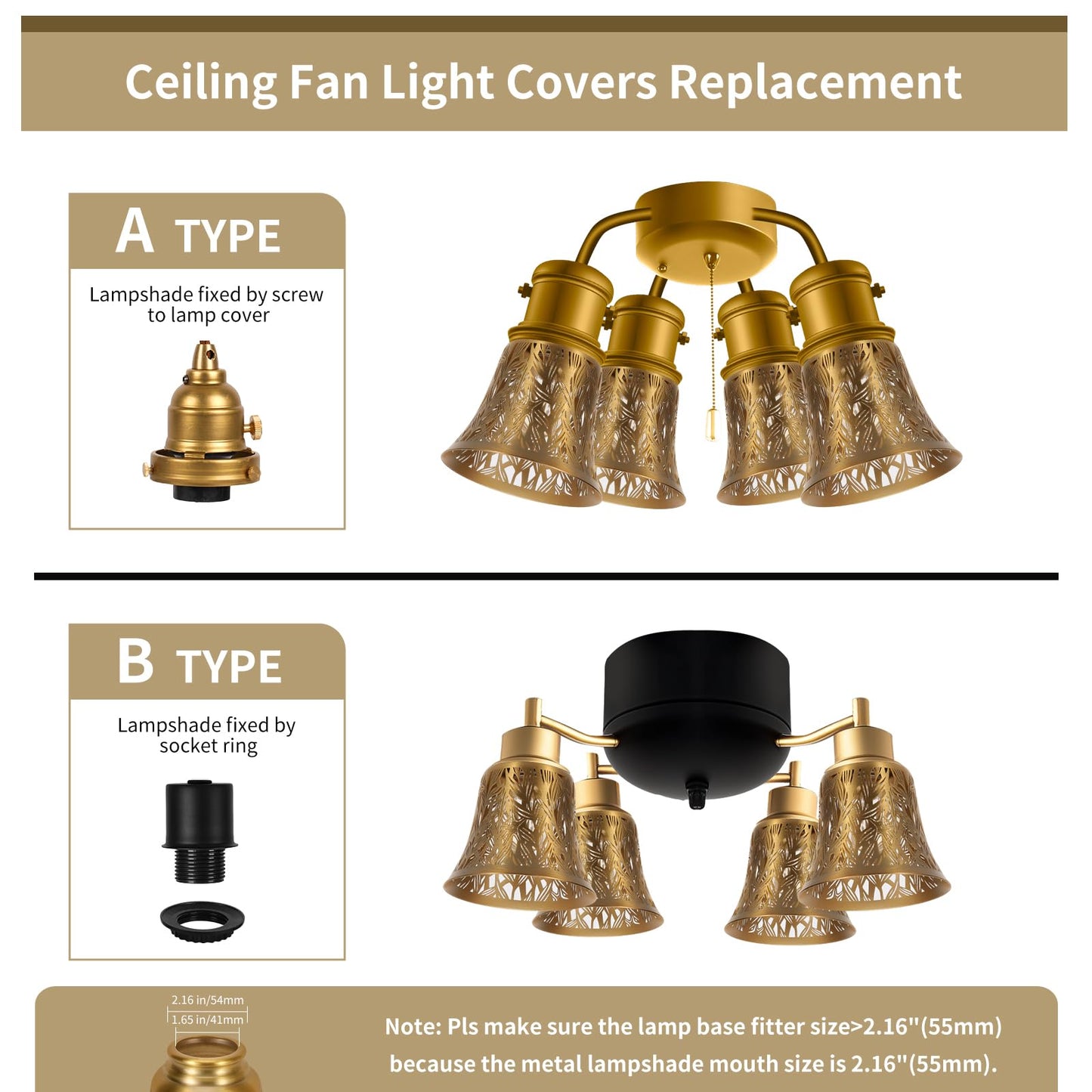 Pendant Light Shades, 4 Pack Ceiling Fan Light Shade Replacements with 1-5/8" Fitter, ALUCSET 4.72" Height 4-3/4" Diameter, Metal Bell Shaped Cover for Chandelier Wall Sconces,Yellow Brass&Gold Plated