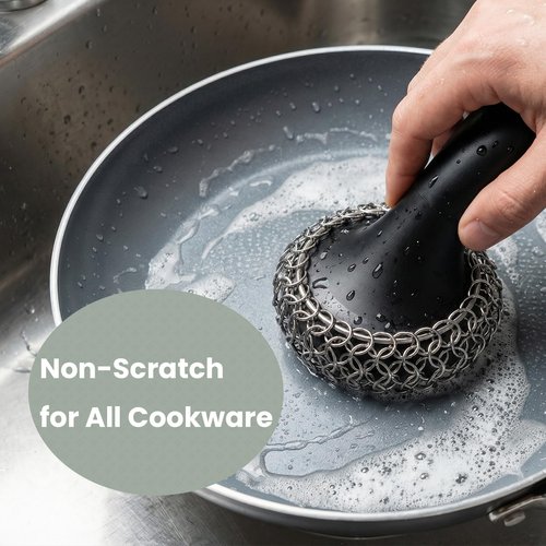 Cast Iron Scrubber with Long Handle | 316 Cast Iron Cleaner Chainmail Scrubber for Cast Iron Pan Skillet Cleaner - Dish Scouring Pad Dishwasher Safe Cleaning Kit (Black, 1 Scrubber + 1 Scraper)