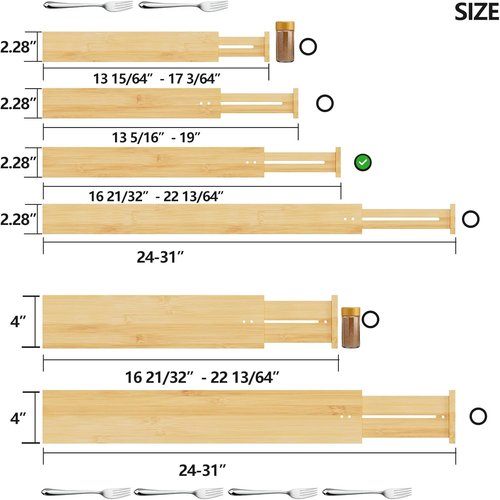 BAMEOS Bamboo Drawer Dividers - Versatile Kitchen & Home Organization | 4-Pack Set