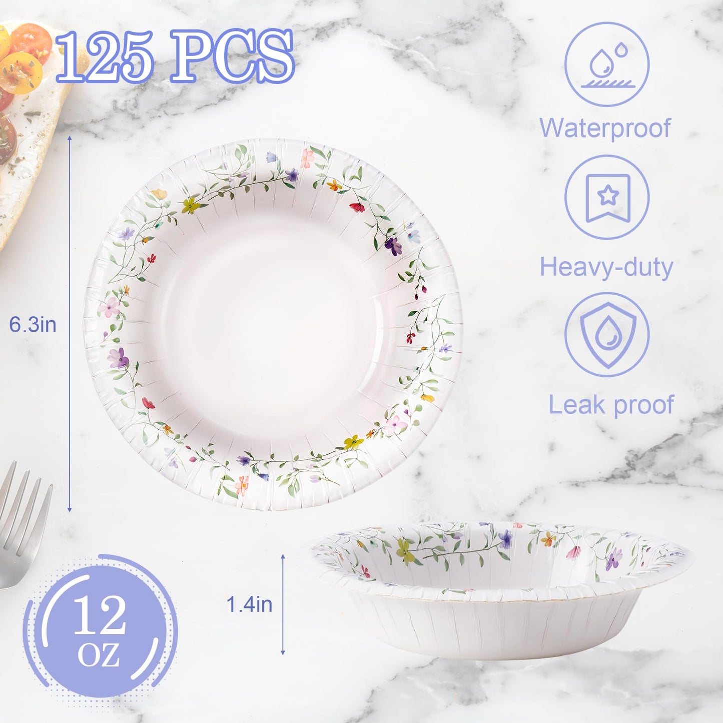 HOMIX Paper Bowls, 12 oz, 125 Count, Floral Printed Soak Proof Disposable Small Bowls Great for Breakfast, Lunch, and Dinner Meals