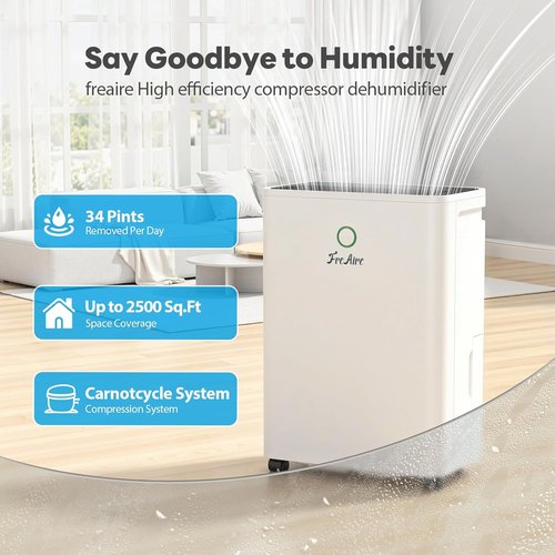 FreAire Dehumidifier - 34 Pint Capacity for 2500 Sq.Ft | Quiet Operation with 6.56FT Drain Hose & 3-Color Humidity Light