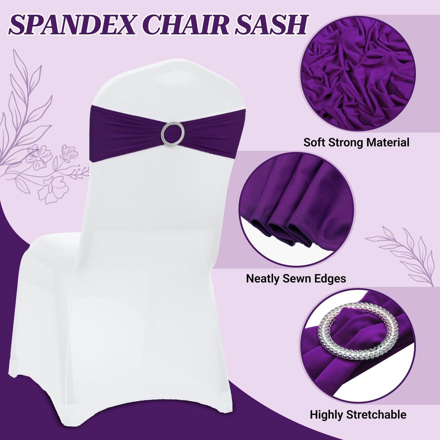 MDS Spandex Chair Sashes - Universal Fit Elastic Stretch Bands with Slider Bow - 125 Pack, Purple