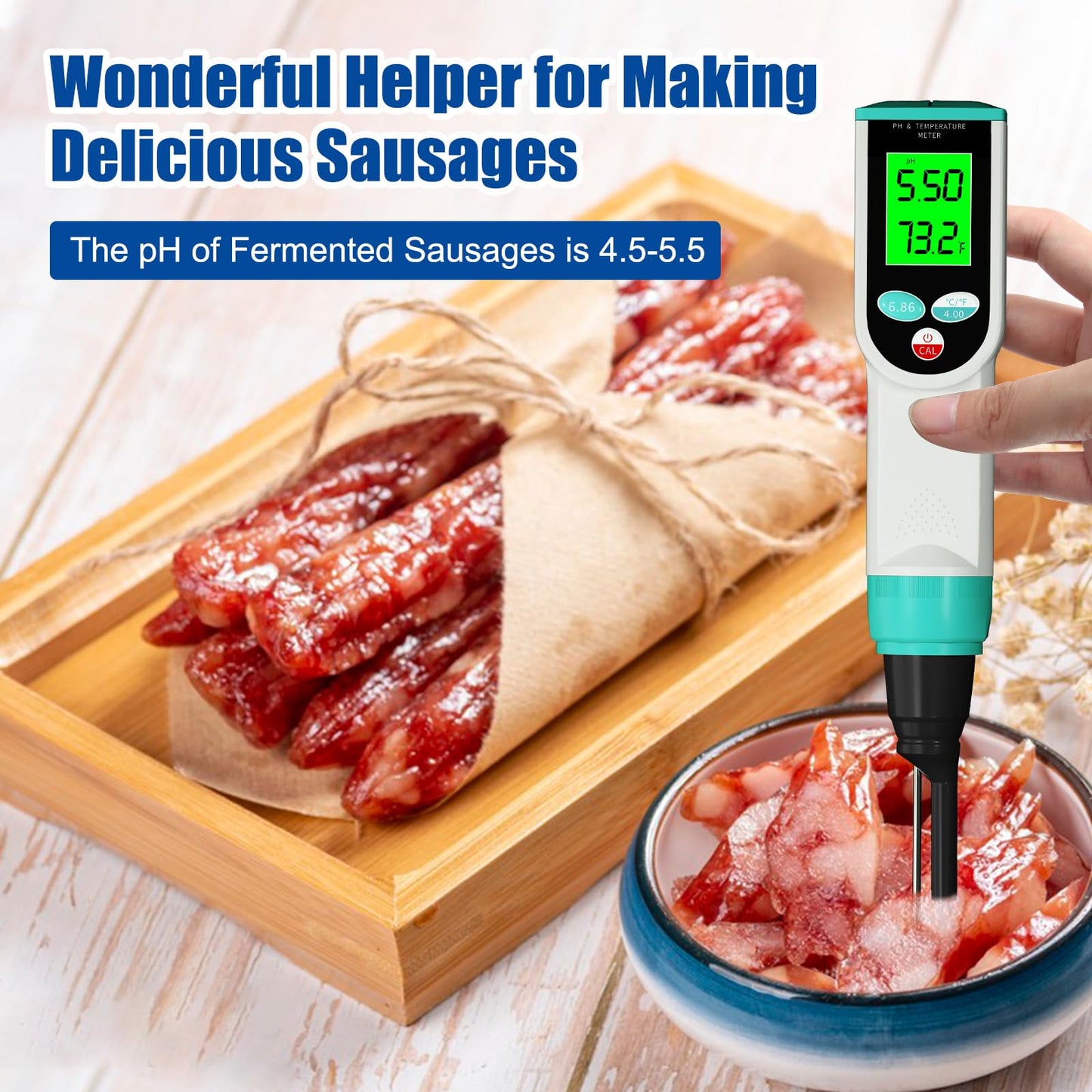 Yewhick Food pH Meter, Digital Waterproof pH Tester with High Accuracy pH/Temperature Probe, Ideal for Sourdough, Cheese, Solid Samples, and Liquid Foods, 0.01 Resolution