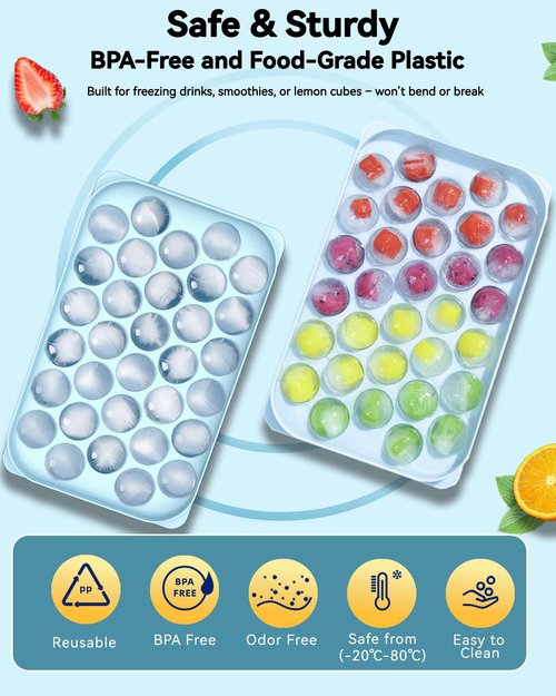 Ice Cube Trays with Lid and Bin, BPA-Free Mini 0.75 Inch Sphere Ice Molds, 2-Pack Small Round Ice Ball Trays, Easy Release, Includes Scoop & Ice Storage Box for Cocktails, Coffee