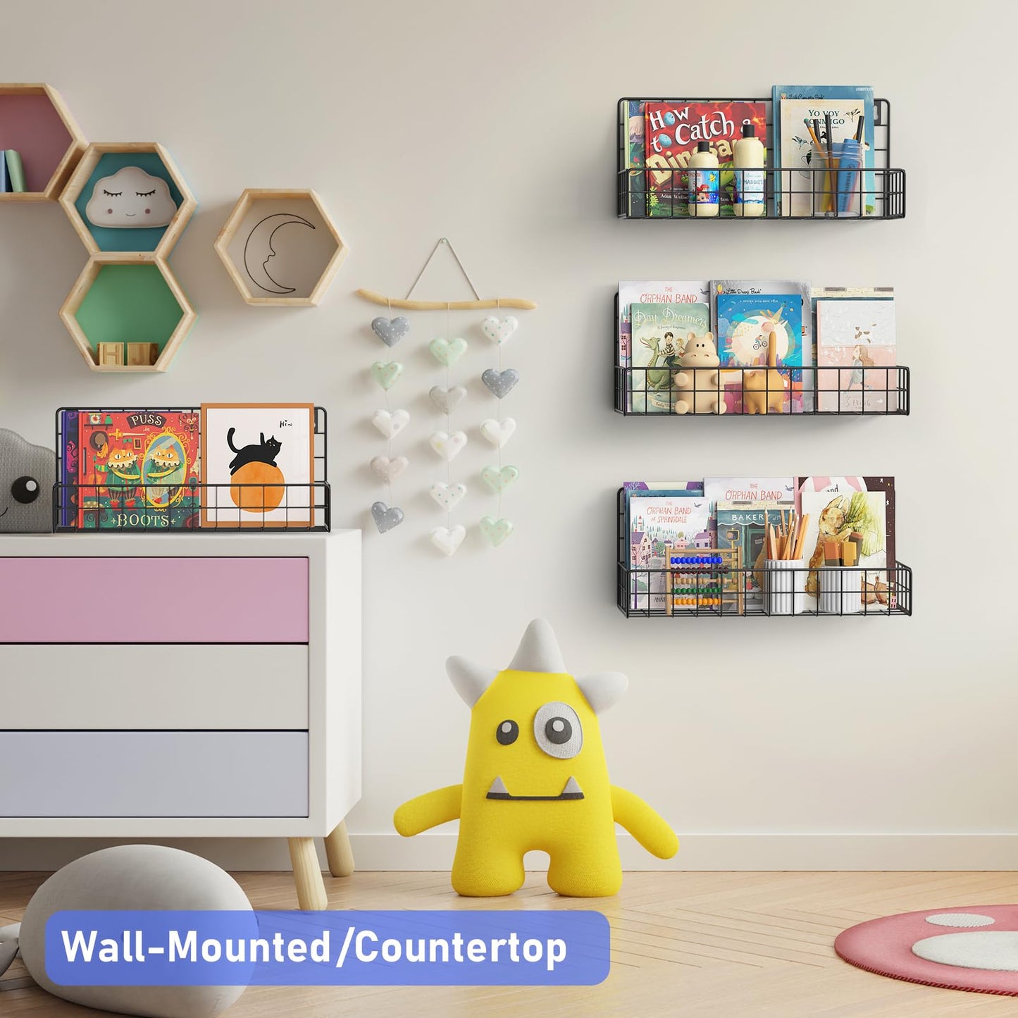 MFTEK Wall Mounted Metal Kids Bookshelf - Wall Book Shelf for Kids Rooms, Hanging Book Shelves Organizer for Room Decor, Nursery Classroom Home Floating Bookshelves Black 4 Pack