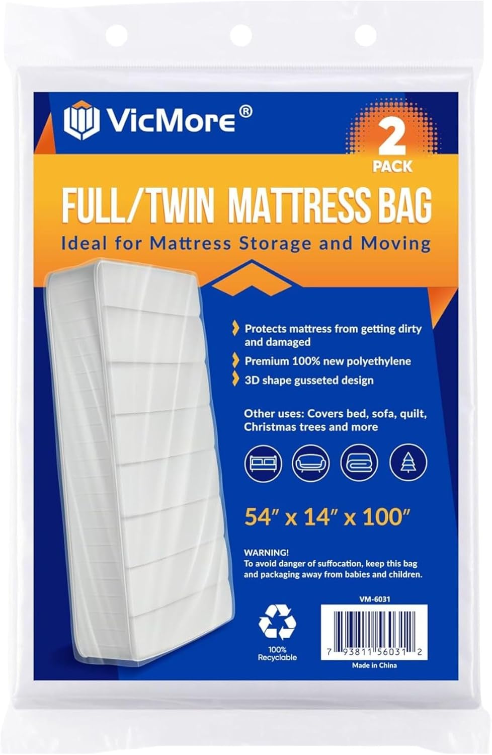 VICMORE Mattress Bags - 2 Pack Clear Plastic Covers for Full XL/Twin XL Mattresses | Odorless & Recyclable