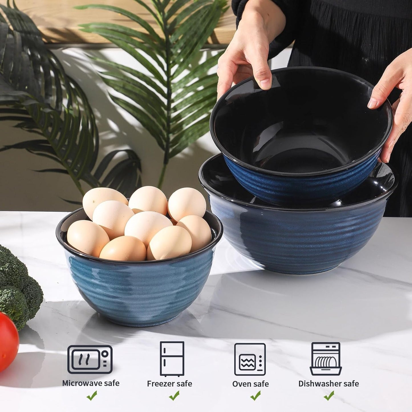 Tikooere Ceramic Mixing Bowls,Large Serving Bowls 2.1/1.5/1.0 Qt,Salad Bowls Set of 3 for Kitchen Space Saving Storage,Nesting Bowls for Popcorn,Soup,Fruit, Microwave & Dishwasher Safe,Navy Blue