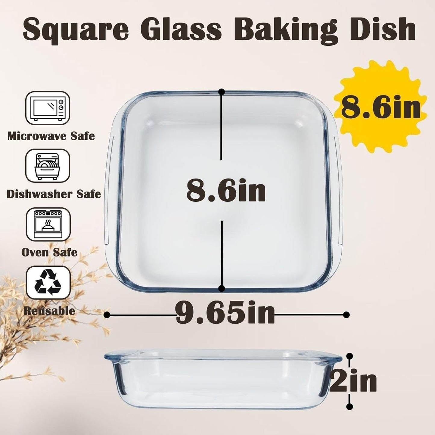 Small Glass Baking Dish - 8.6in Casserole Dish for Oven | Durable Square Glass Baking Pan
