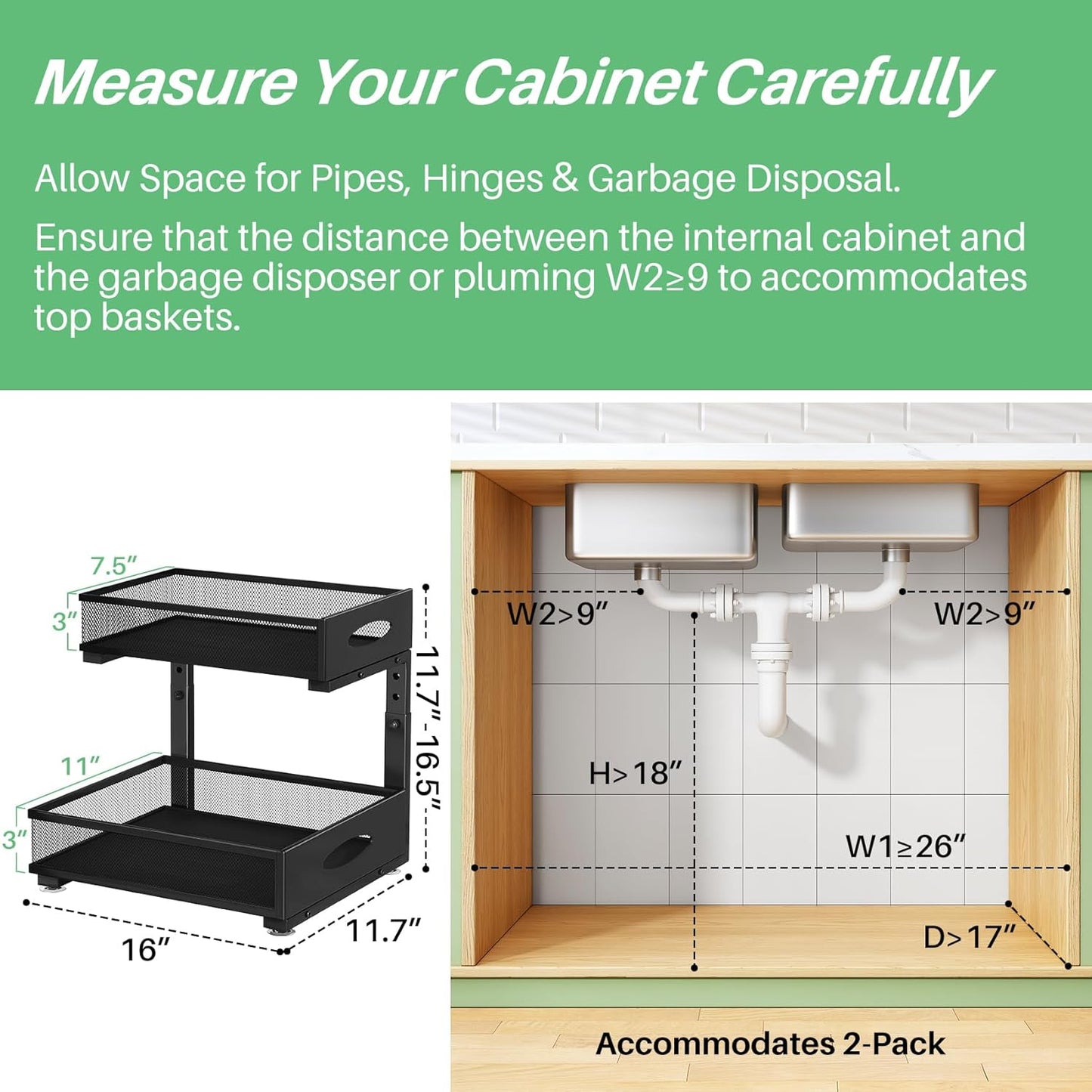 Under Sink Organizer | 2-Pack Metal Slide-Out Storage Shelf Rack - Adjustable Height, XL Black
