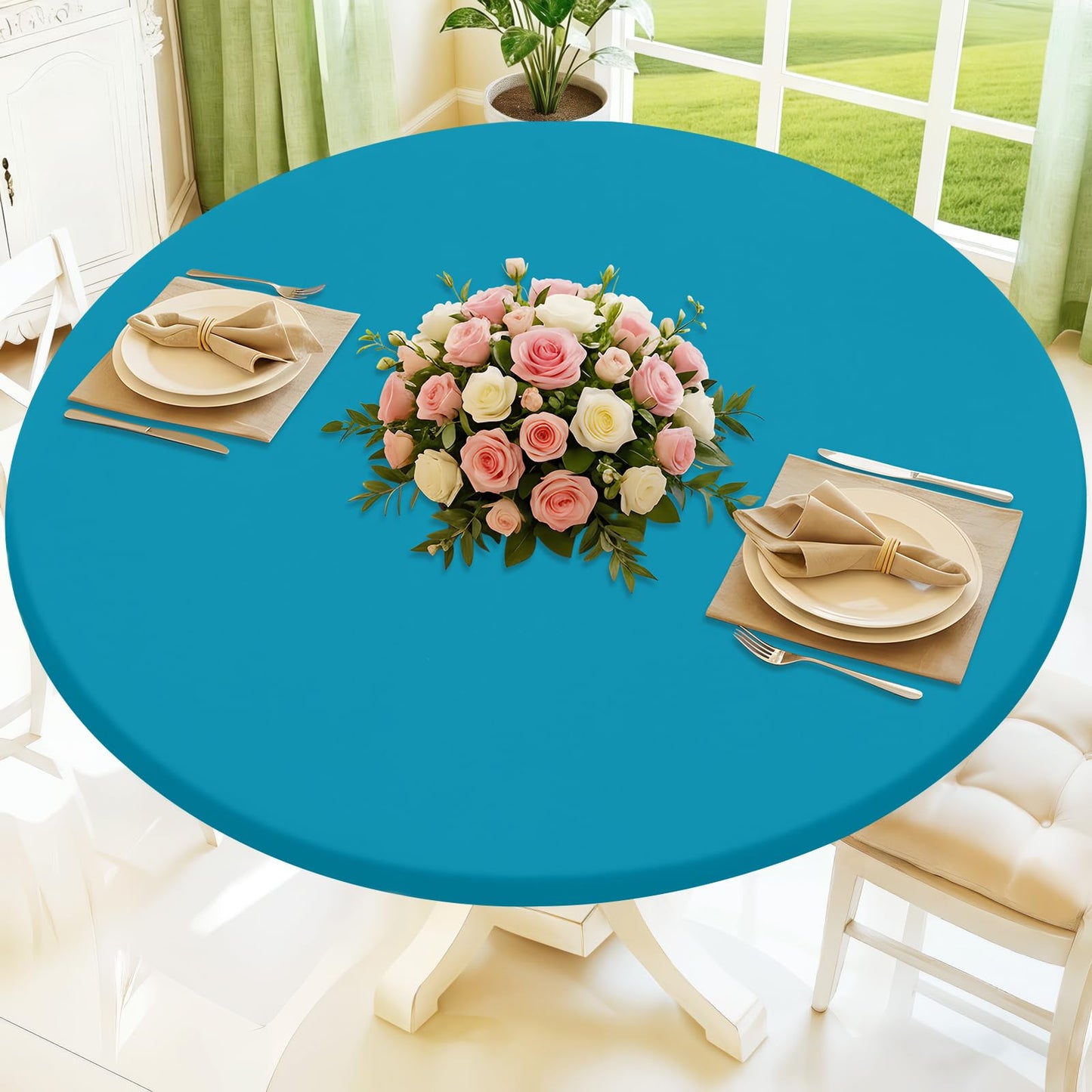 Moosfor Round Spandex Tablecloth, Elastic Fitted Waterproof Tablecloths for 25"-30" Tables, Stretch Washable Picnic Table Cover for Camping, Dining, Indoor and Outdoor, Turquoise