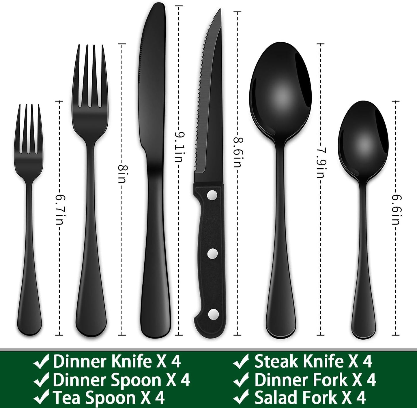 Skiennix 24-Piece Black Silverware Set - Food-Grade Stainless Steel Cutlery for 4 | Mirror Finish