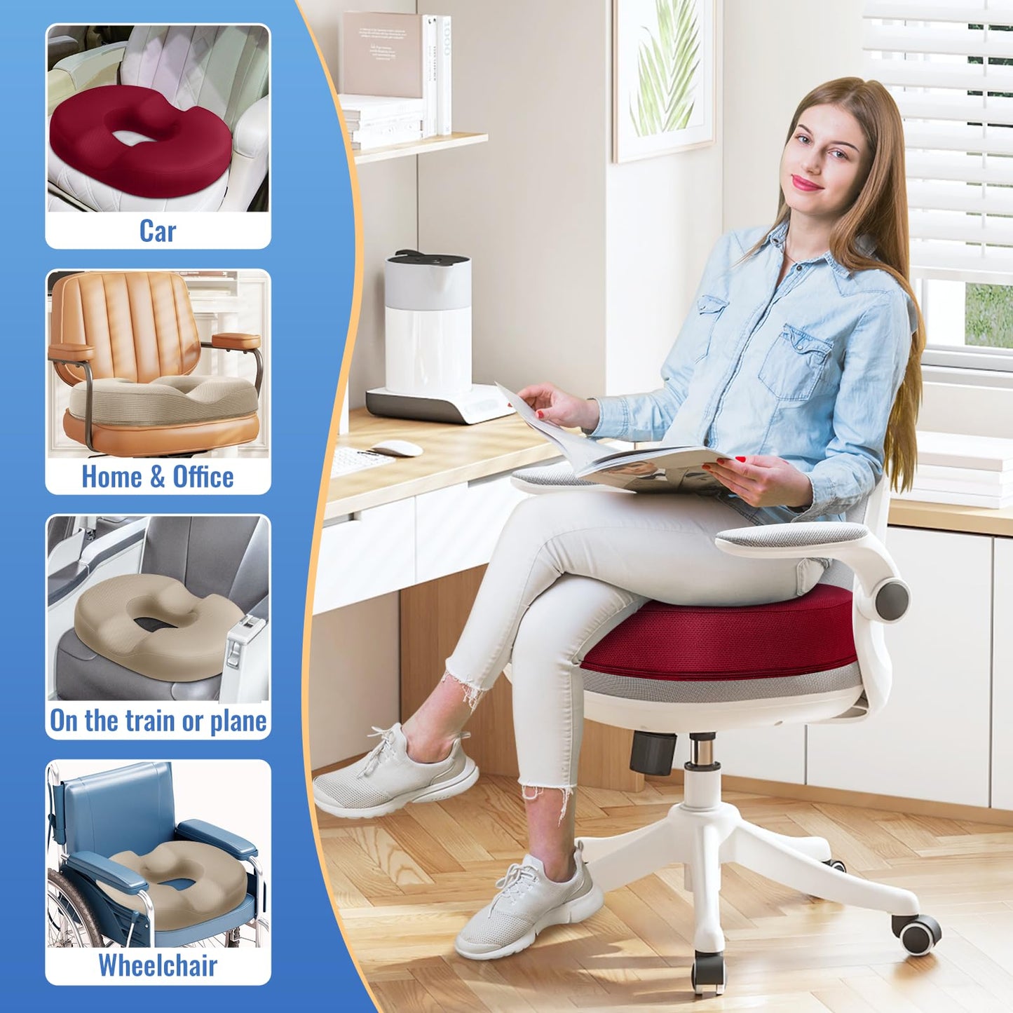 CloudBliss Donut Pillow Seat Cushion Chair Pad for Tailbone Pain Relief and Hemorrhoids, Memory Foam Seat Chair Cushion for Men and Women for Home & Office, (Red-2XL)