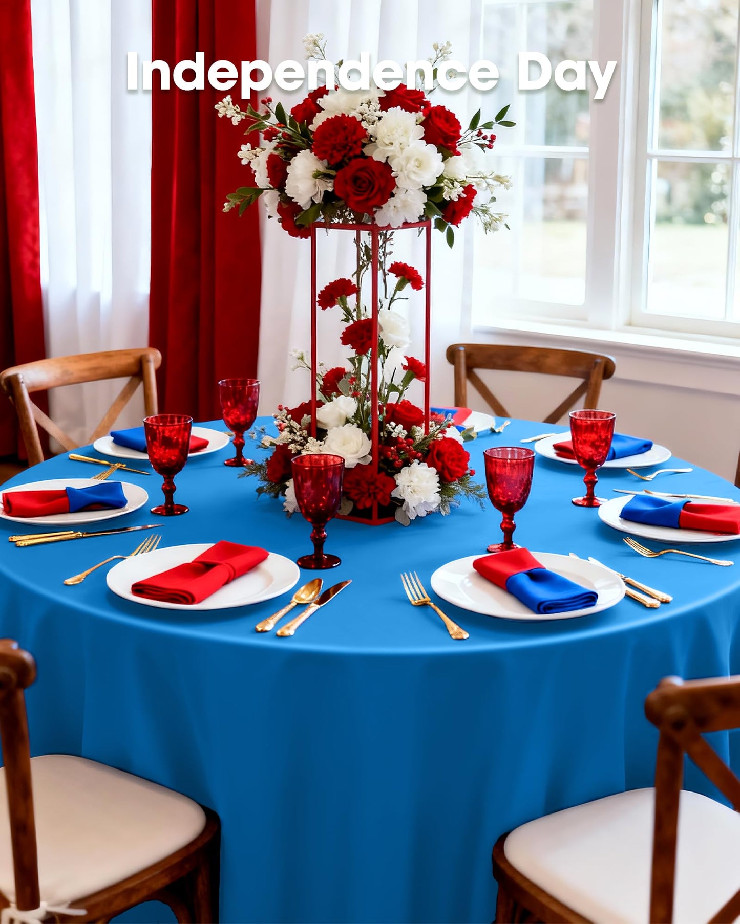 Pureegg Plastic Table Cloth Disposable 10 Pack, 84'' Round Table Cloths, Graduation, Patriotic Decorations, Thanksgiving, Veterans Day Tablecloths, Round, Plastic Cover, Leakproof & Sturdy, Blue