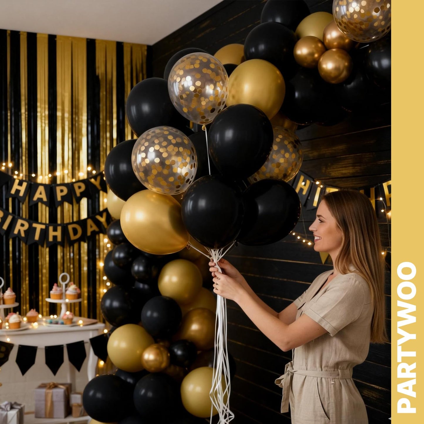 PartyWoo Gold and Black Balloons 100pcs 12 Inch Black and Gold Metallic Balloons for Birthday Wedding Anniversary Graduation Bachelorette Engagement Bridal Shower Retirement Party Decorations