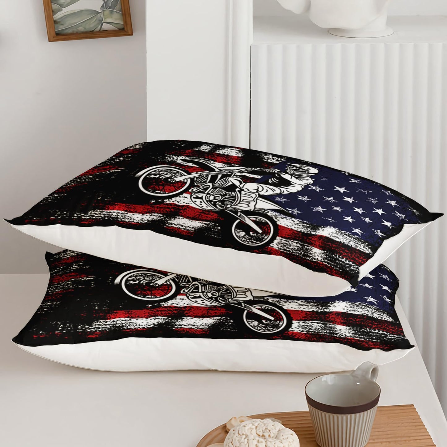 Axolotl Dirt Bike Comforter Set Twin, American Flag Bedding Set, Motocross Comforter,White Red Stripes Stars Bedding, Motorcycle Racer Quilt for Boys Kids Teens Men, 1 Dirt Bike Quilt 2 Pillowcases