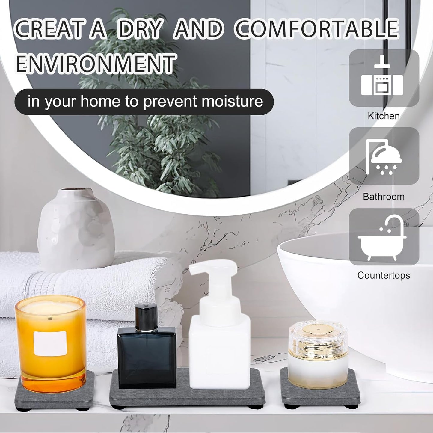 Skiennix Water Absorbing Stone Tray - Fast Drying Diatomite Coaster Set | 4PCS for Kitchen & Bathroom