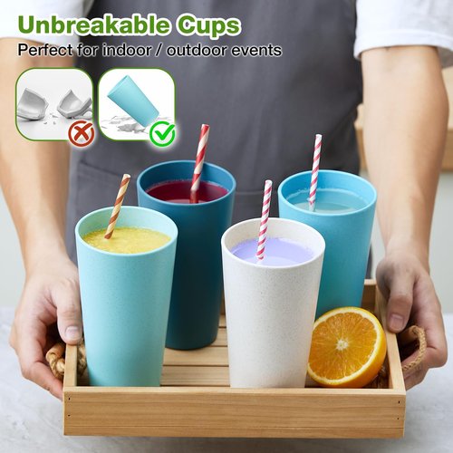 Hlukana Wheat Straw Cups Set of 8, 20 oz Unbreakable Drinking, Chip Resistant, Reusable Water Set, Large for Kitchen, Camping, BPA Free Cups, Dishwasher & Microwave Safe Tumbler