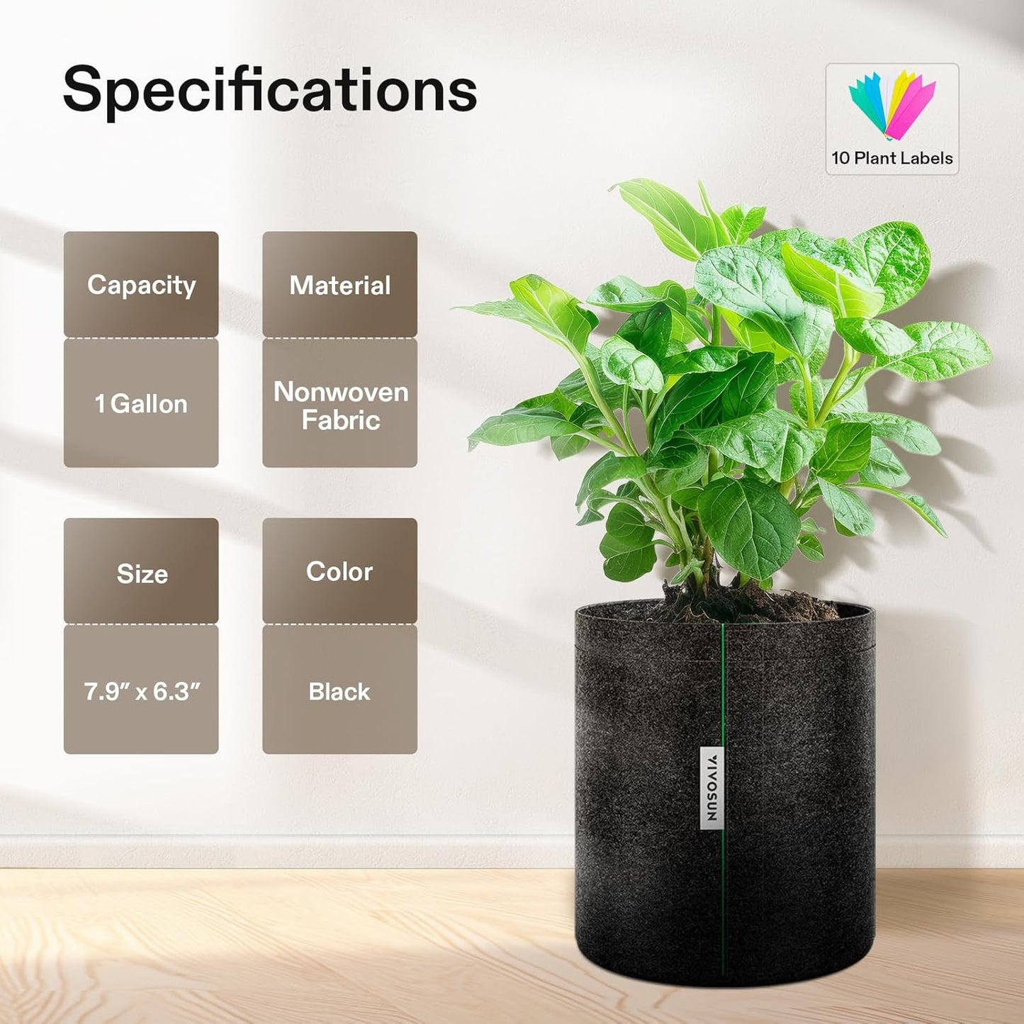 VIVOSUN 1 Gallon Grow Bags - 5-Pack Fabric Pots with Self-Adhesion Sides for Easy Transplanting