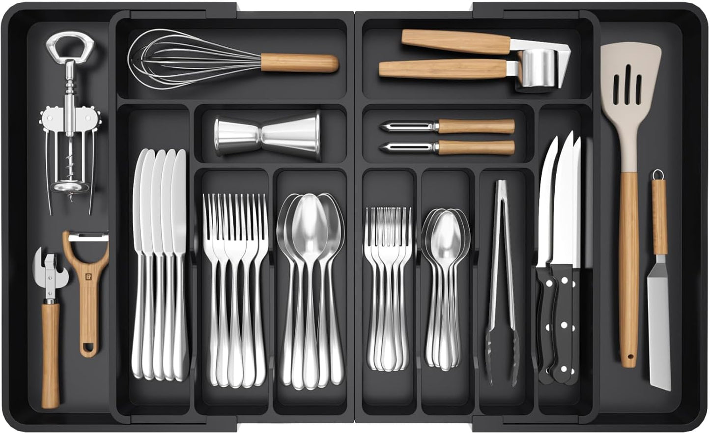 Lifewit Expandable Silverware Drawer Organizer - BPA-Free Plastic Utensil Tray for Kitchen | Adjustable Cutlery Holder (21.3-36 x 16.9", Black)