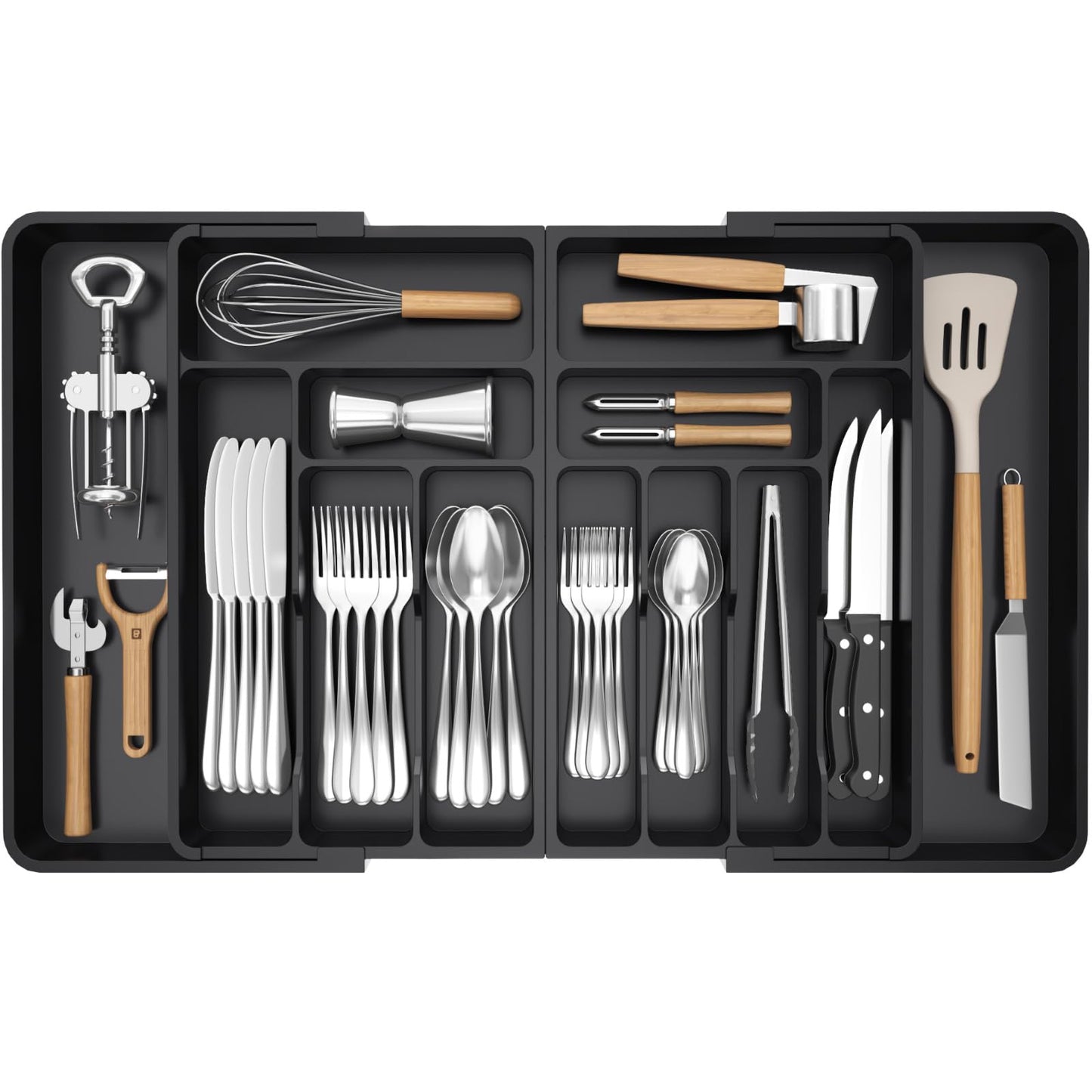 Lifewit Silverware Drawer Organizer, Expandable BPA Free Plastic Utensil Tray for Kitchen, Adjustable Flatware Cutlery Holder for Spoons Forks Knives, 21.3- 36 x 16.9", Black