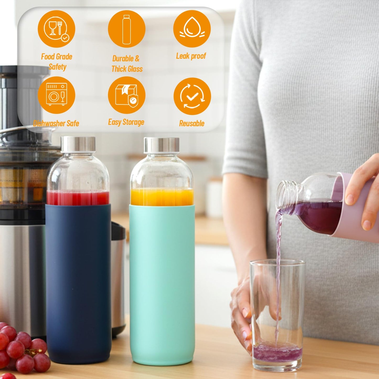 Luxfuel 32 oz Glass Juice Bottles with Lids and Silicone Sleeve, Reusable Refillable Water Bottles for Juicing, Refrigerator,100% Leak Proof, BPA Free, Clear Glass Set of 3