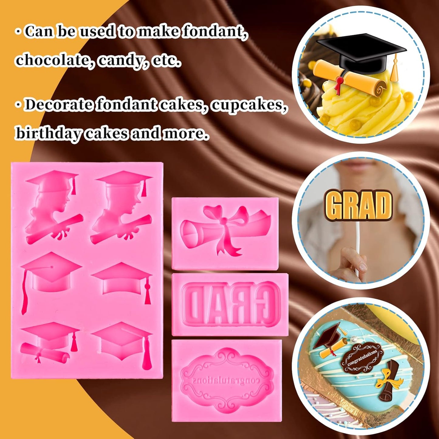 Whaline Graduation Mini Fondant Molds - 4 Pack Silicone Caps & Diplomas for Cake Toppers | Perfect for Parties