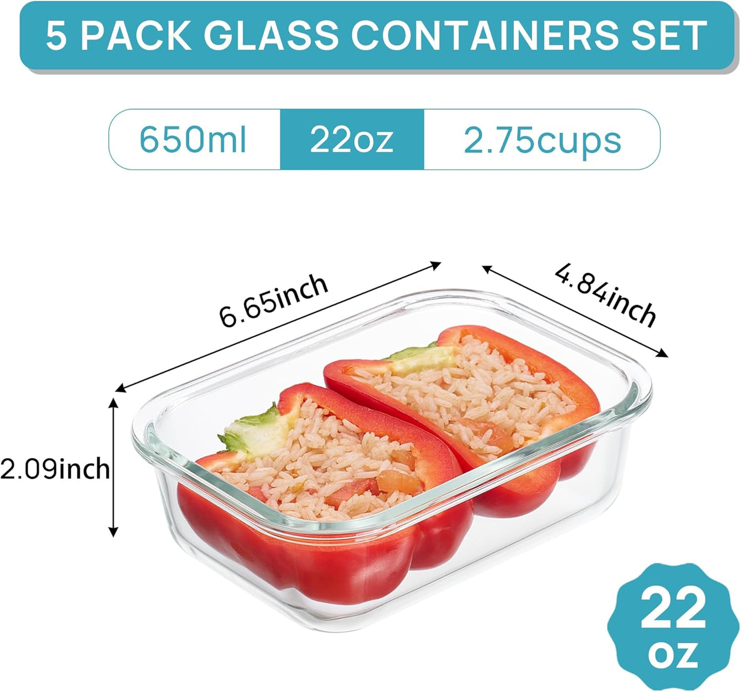 Vtopmart 22oz Glass Storage Containers - 5-Pack Meal Prep Set with Airtight Snap Lids | Microwave & Dishwasher Safe, Grey