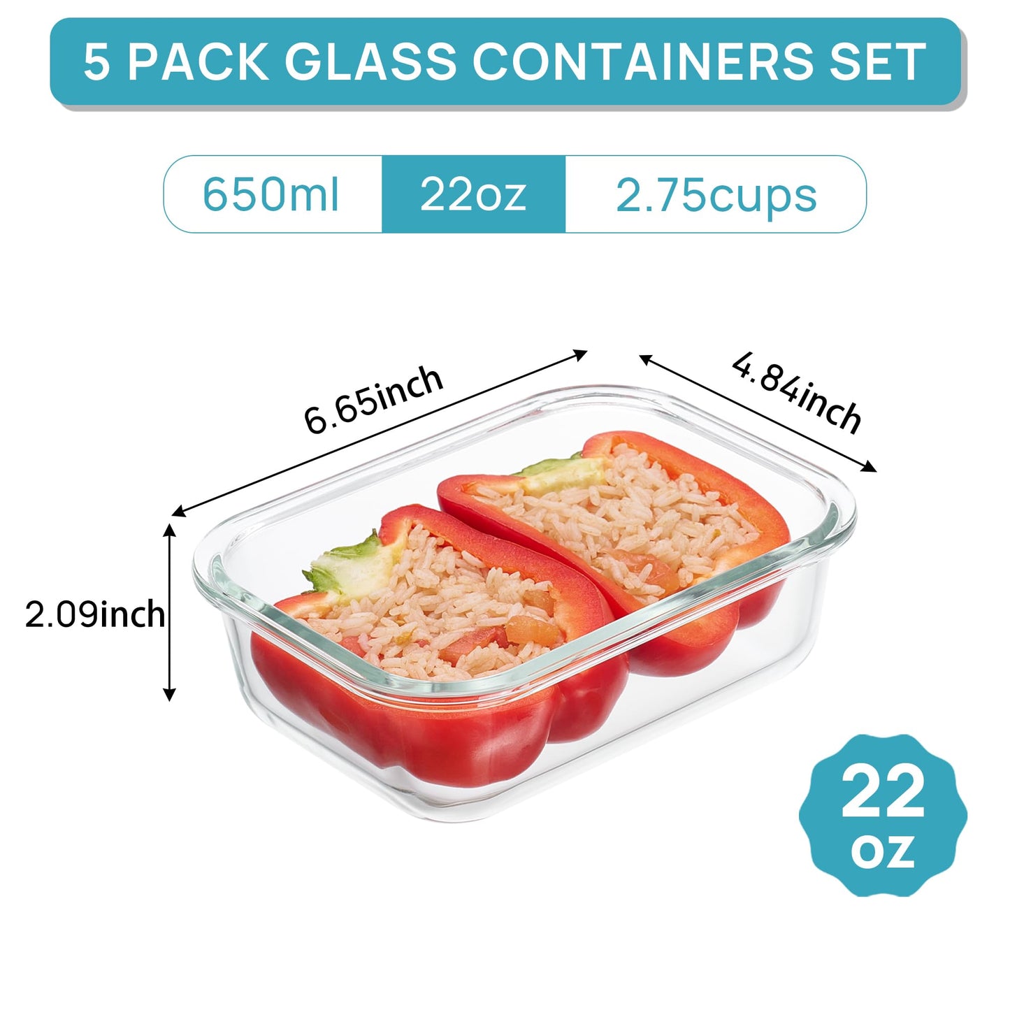 Vtopmart 5Pack 22oz Glass Storage Containers with Lids, Glass Meal Prep Food Container Sets with Snap Airtight Lids for Microwave, Oven, Freezer and Dishwasher, Grey