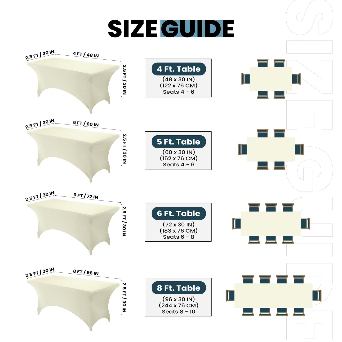 Utopia Kitchen Spandex Tablecloth 1 Pack [6FT, Ivory] Tight, Fitted, Washable and Wrinkle Resistant Stretch Rectangular Patio Table Cover for Event, Wedding, Banquet & Parties [72Lx30Wx30H Inch]