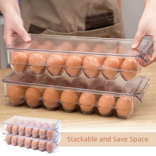 HANSGO Egg Holder for Refrigerator, Stackable Fridge Fresh Eggs Organizer Tray with Lid & Handles, Clear Plastic Deviled Egg Storage Drawer for Countertop, Containers, Stores 21 Egg