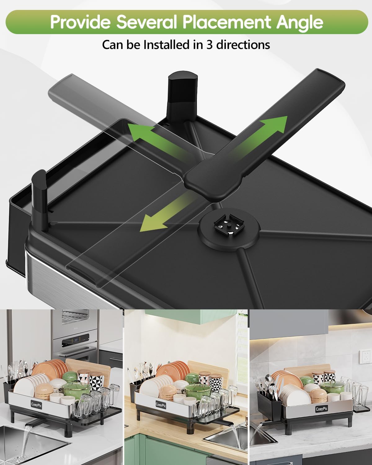 Skiennix Dish Drying Rack - Premium 304 Stainless Steel with Automatic Drainage Spout | Black, Complete Set