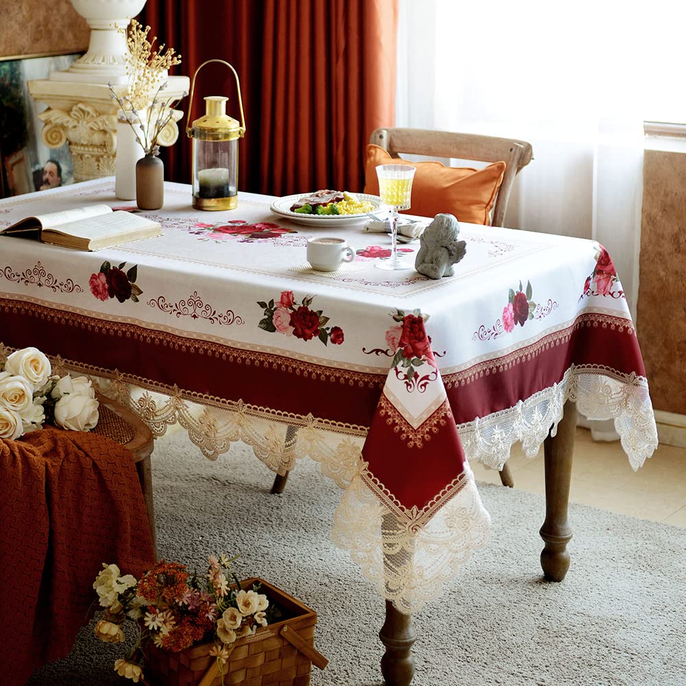 SUTAVIA Lace Embroidered Table Cloth,Rectangular Farmhouse TableCover,Classic Oblong Antique Flower Decor Macrame Tablecloth (Burgundy, Rectangle/Oblong,60 x 84 Inch,6-8 Seats)