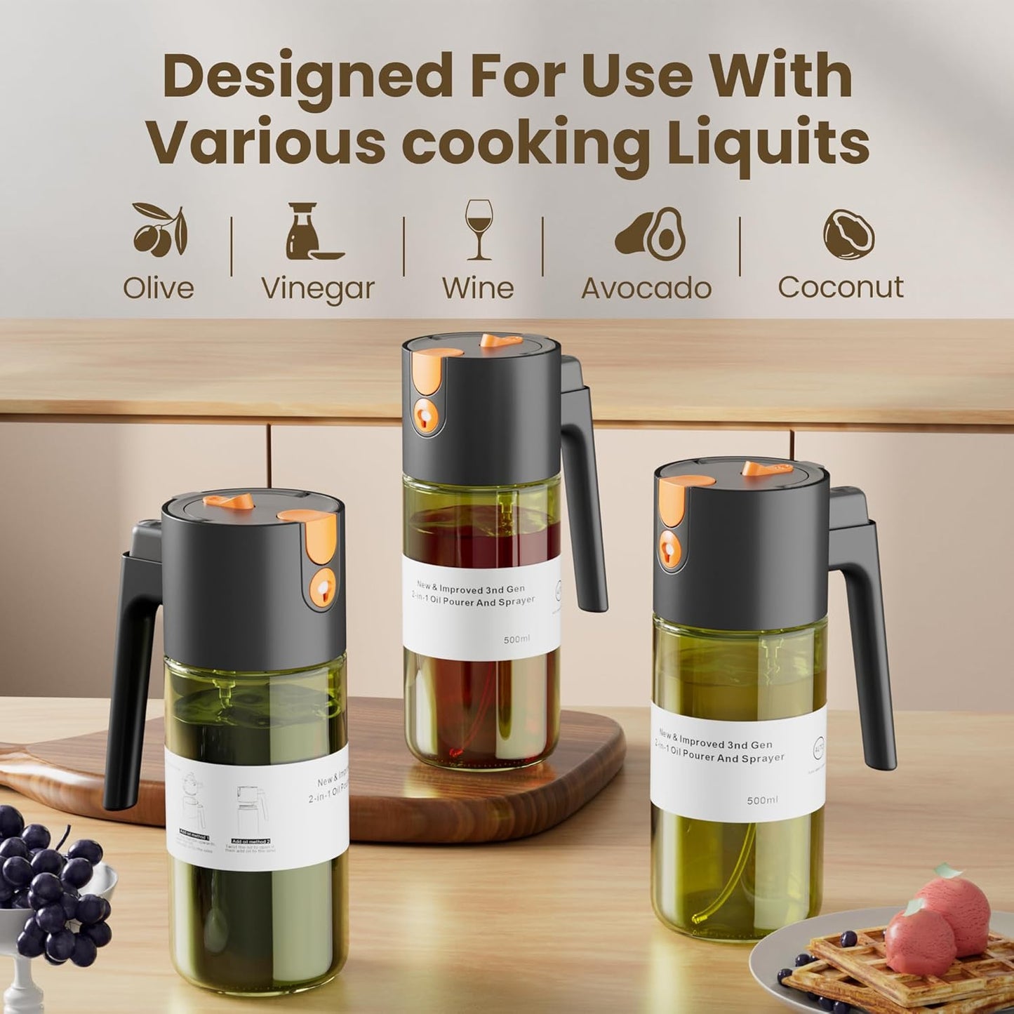 LAKUMIQI 17oz Oil Sprayer - 2 in 1 Light-Blocking Glass Spray Bottle for Cooking & BBQ