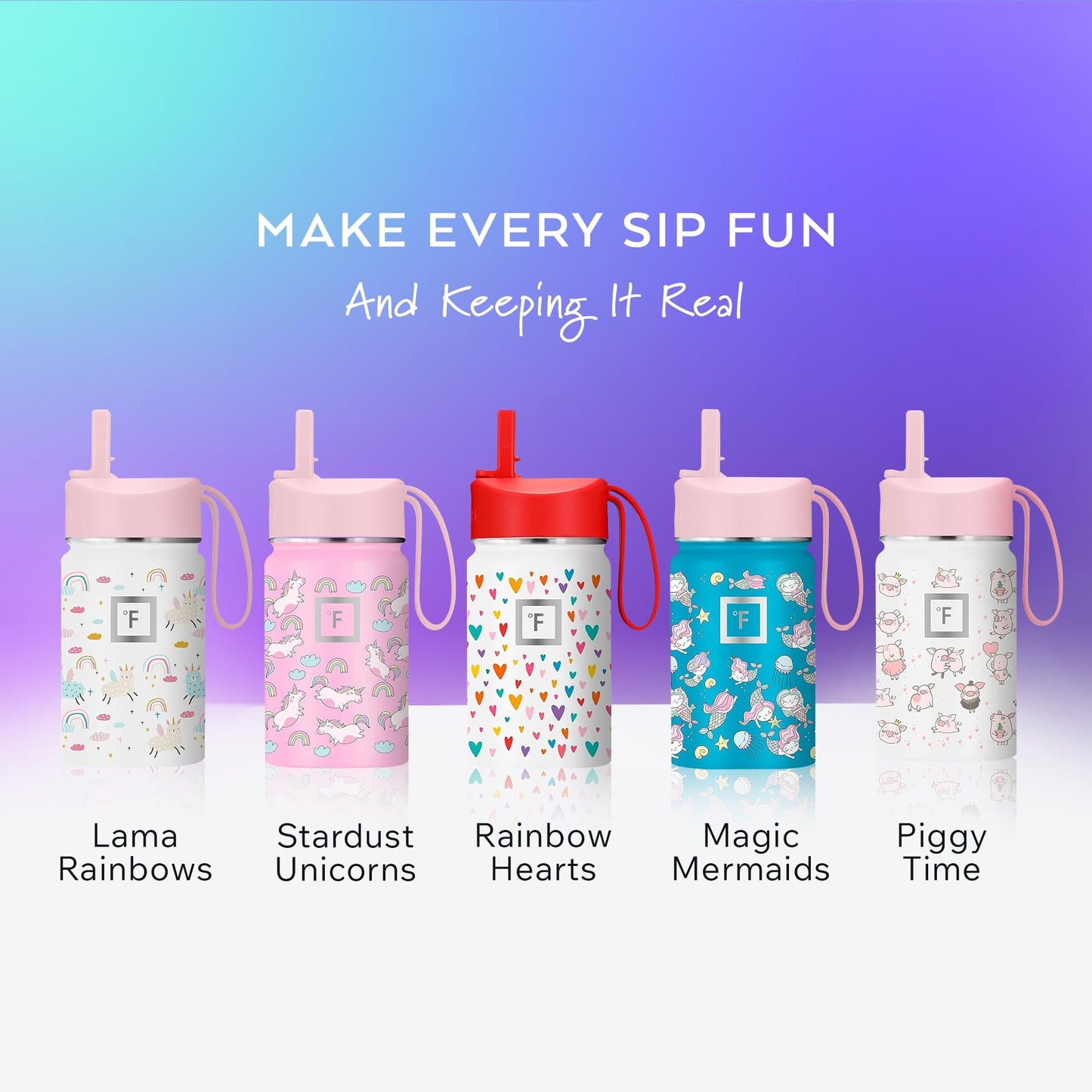 IRON °FLASK Kids Water Bottle - Straw Lid, 20 Name Stickers, Vacuum Insulated Stainless Steel, Double Walled Tumbler Travel Cup, Mug - Stardust Unicorns, 14 Oz