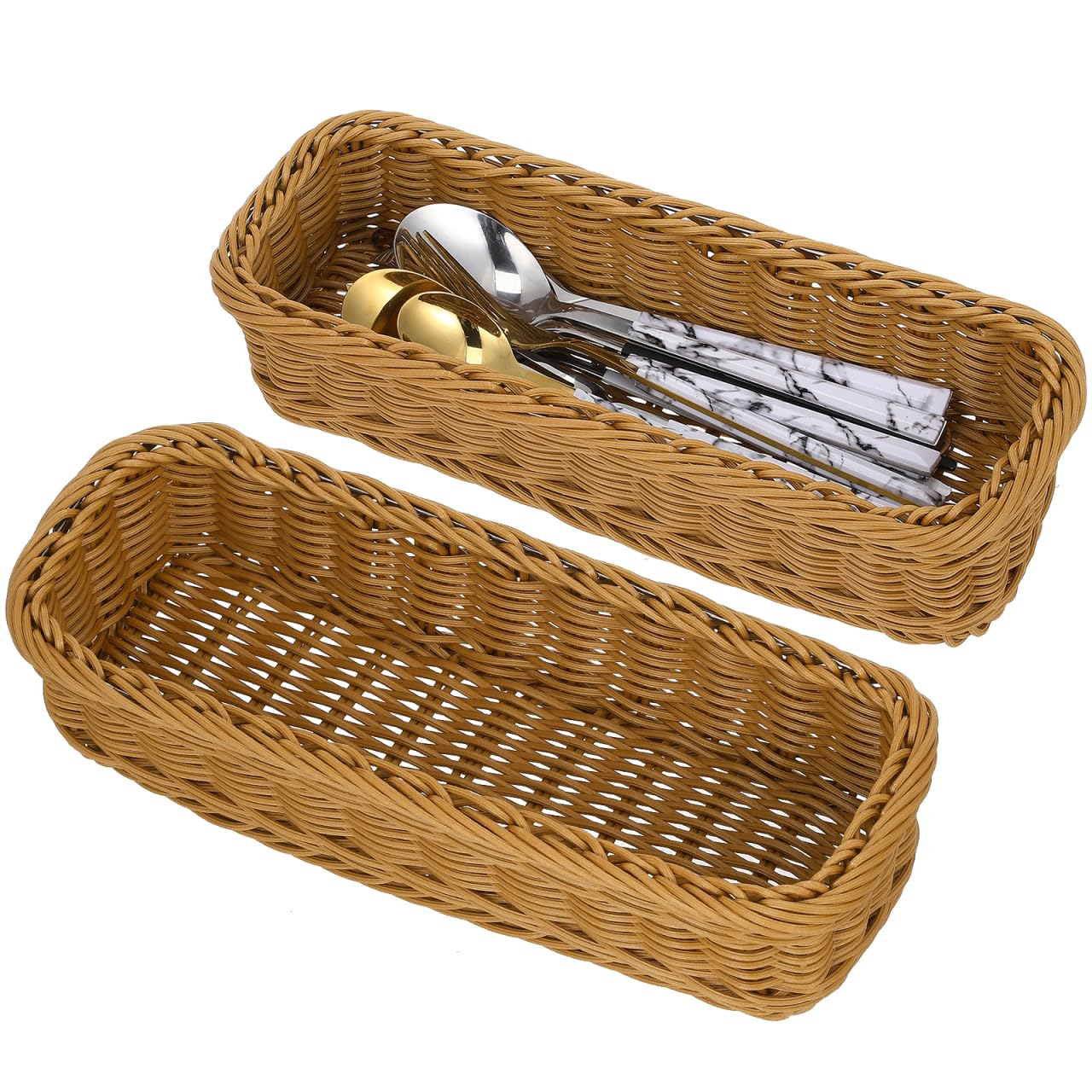 Cabilock 2pcs Wicker Cutlery Basket, Rectangular Woven Storage Bins for Kitchen Drawer, Rattan Utensil Organizer Tray, Flatware Silverware Holder for Dining Table Countertop