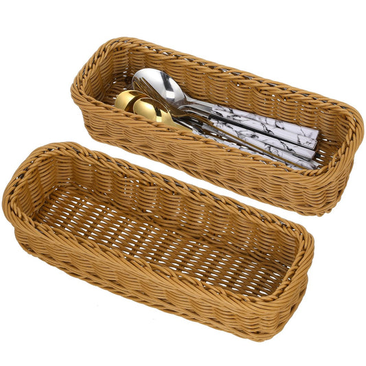 Cabilock 2pcs Wicker Cutlery Basket, Rectangular Woven Storage Bins for Kitchen Drawer, Rattan Utensil Organizer Tray, Flatware Silverware Holder for Dining Table Countertop