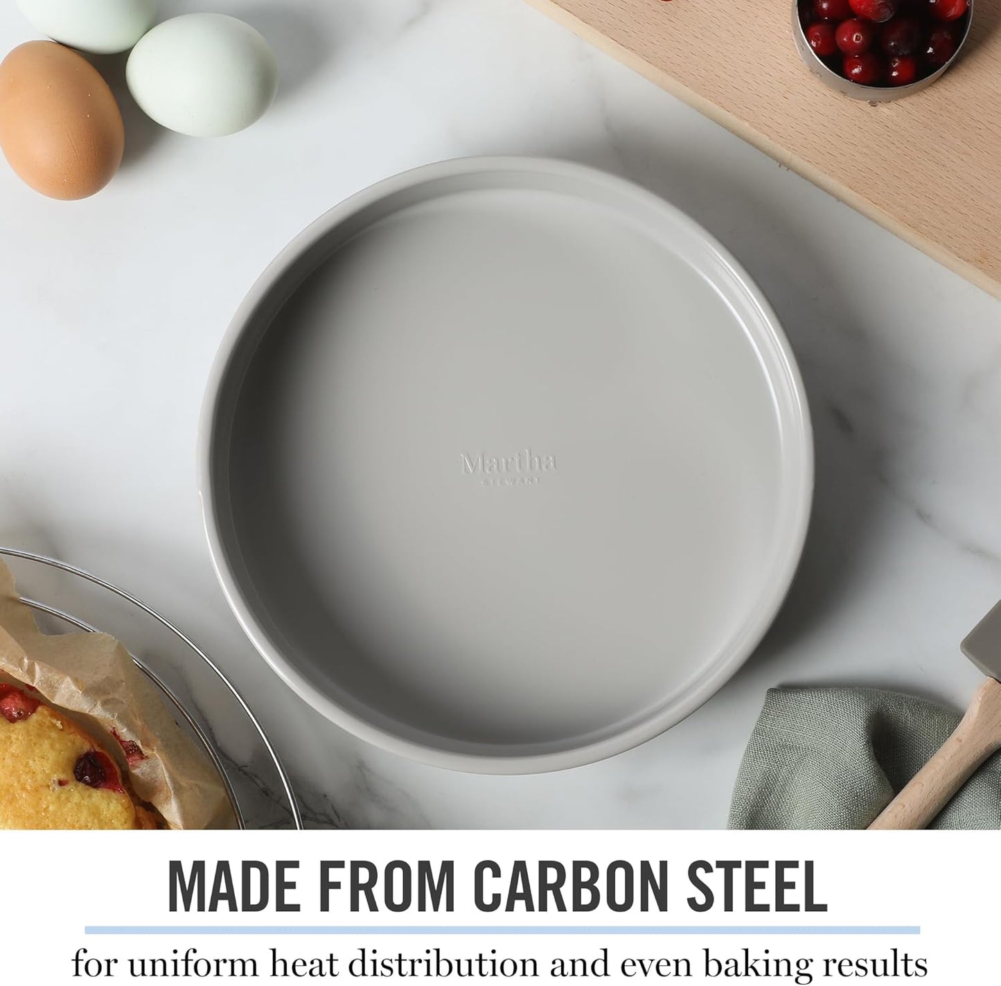 Martha Stewart Gallen 8-Inch Round Nonstick Cake Pan - Durable Carbon Steel for Even Baking, Cool Grey