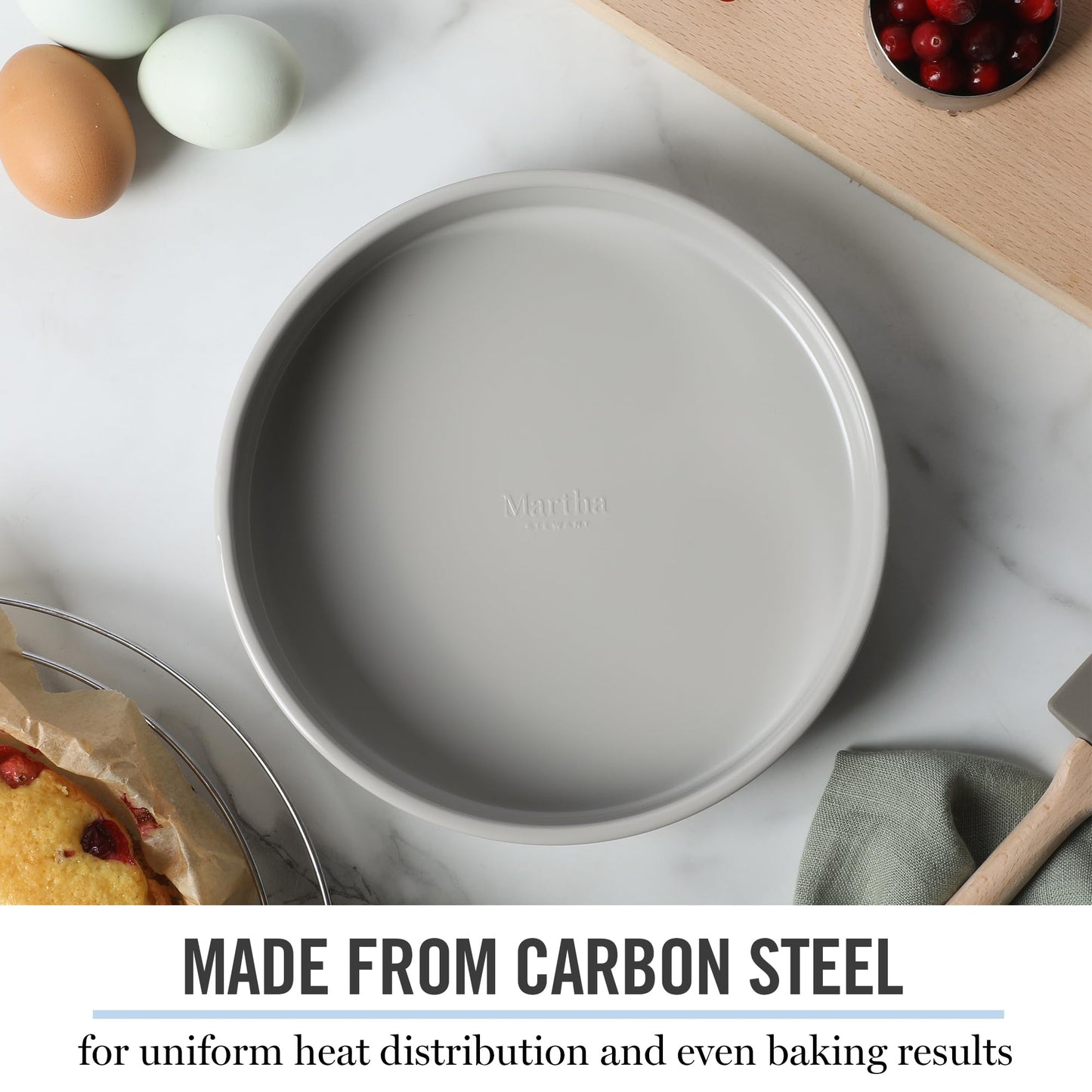 Martha Stewart Gallen 8-Inch Round Nonstick Carbon Steel Cake and Bake Pan – Cool Grey, Durable Bakeware for Even Baking and Easy Release