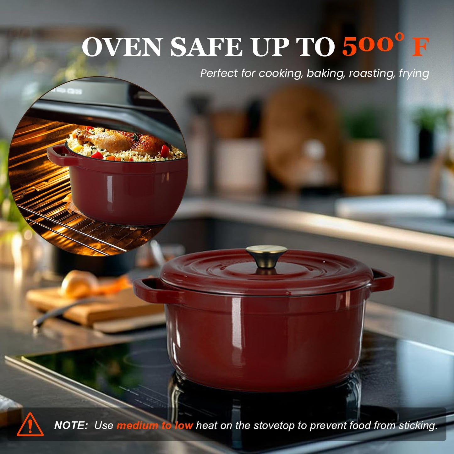 Overmont Enameled Cast Iron Dutch Oven - 5QT Pot with Lid Cookbook & Cotton Potholders - Heavy-Duty Cookware for Braising, Stews, Roasting, Sourdough Baking burgundy