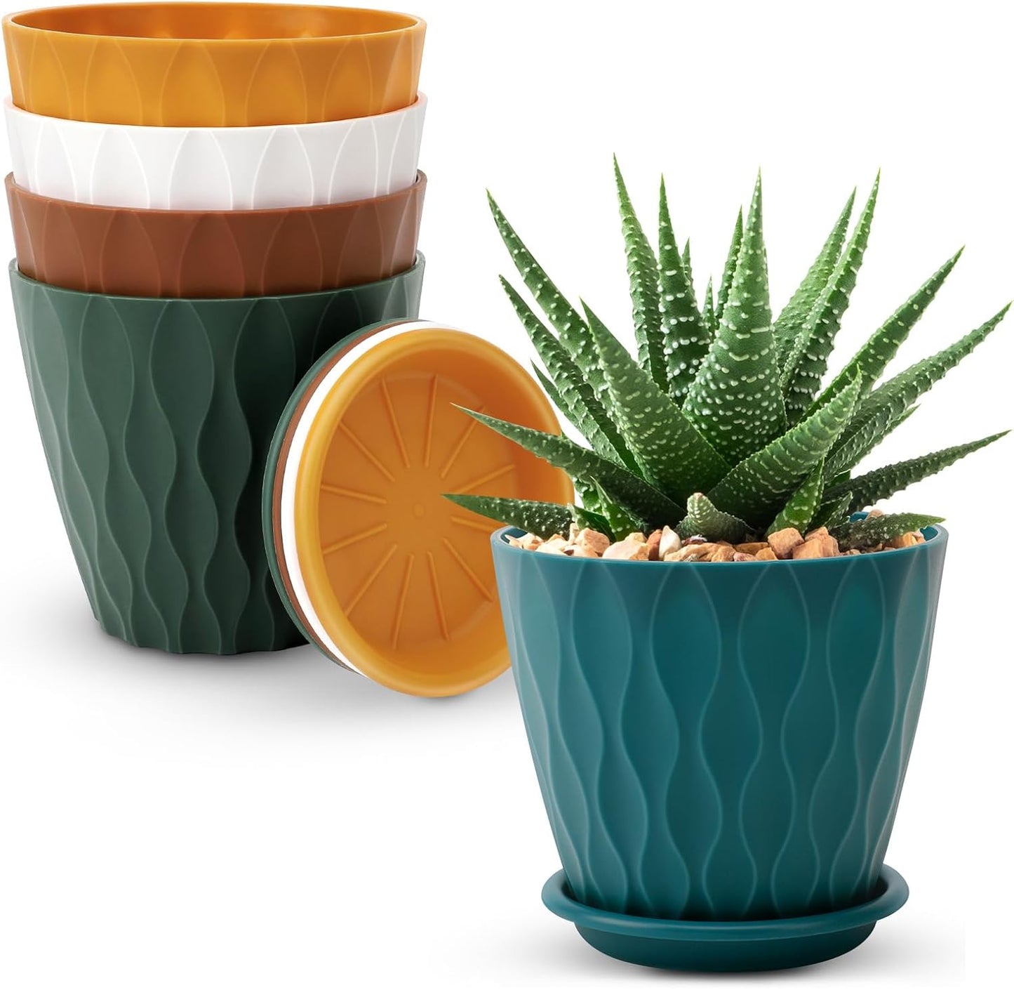 YNNICO 4-Inch Flower Pots - 5 Pack Indoor/Outdoor Planters with Drainage Holes & Tray Saucers | Multicolor