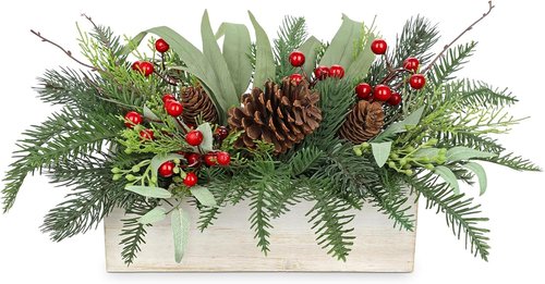 GnFlus Christmas Centerpieces - Artificial Pine Tree with Pinecones & Eucalyptus in White Wooden Pot