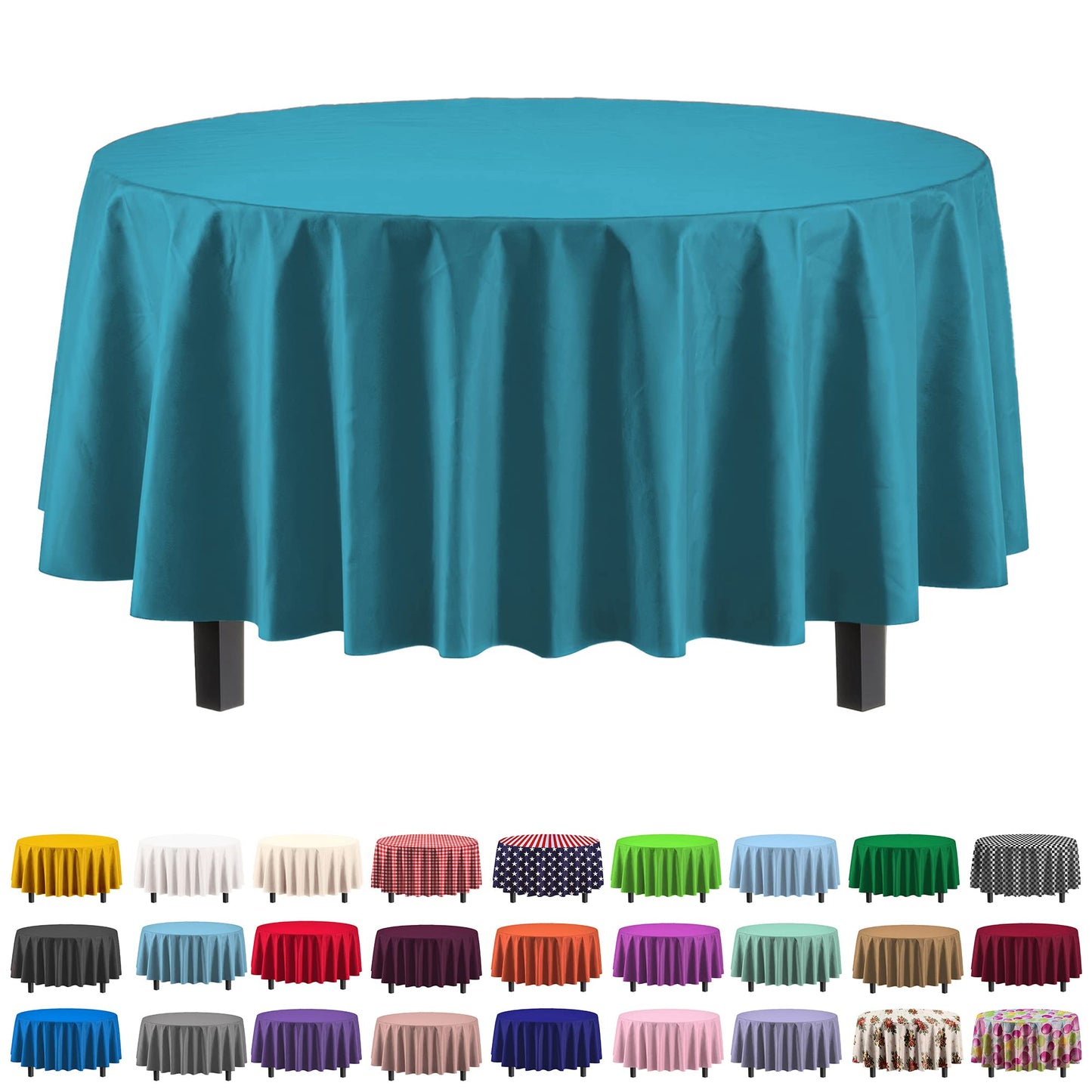 Exquisite Party Solids 6-Pack Premium Plastic Tablecloth 84in. Round Plastic Table Cover - Turquoise