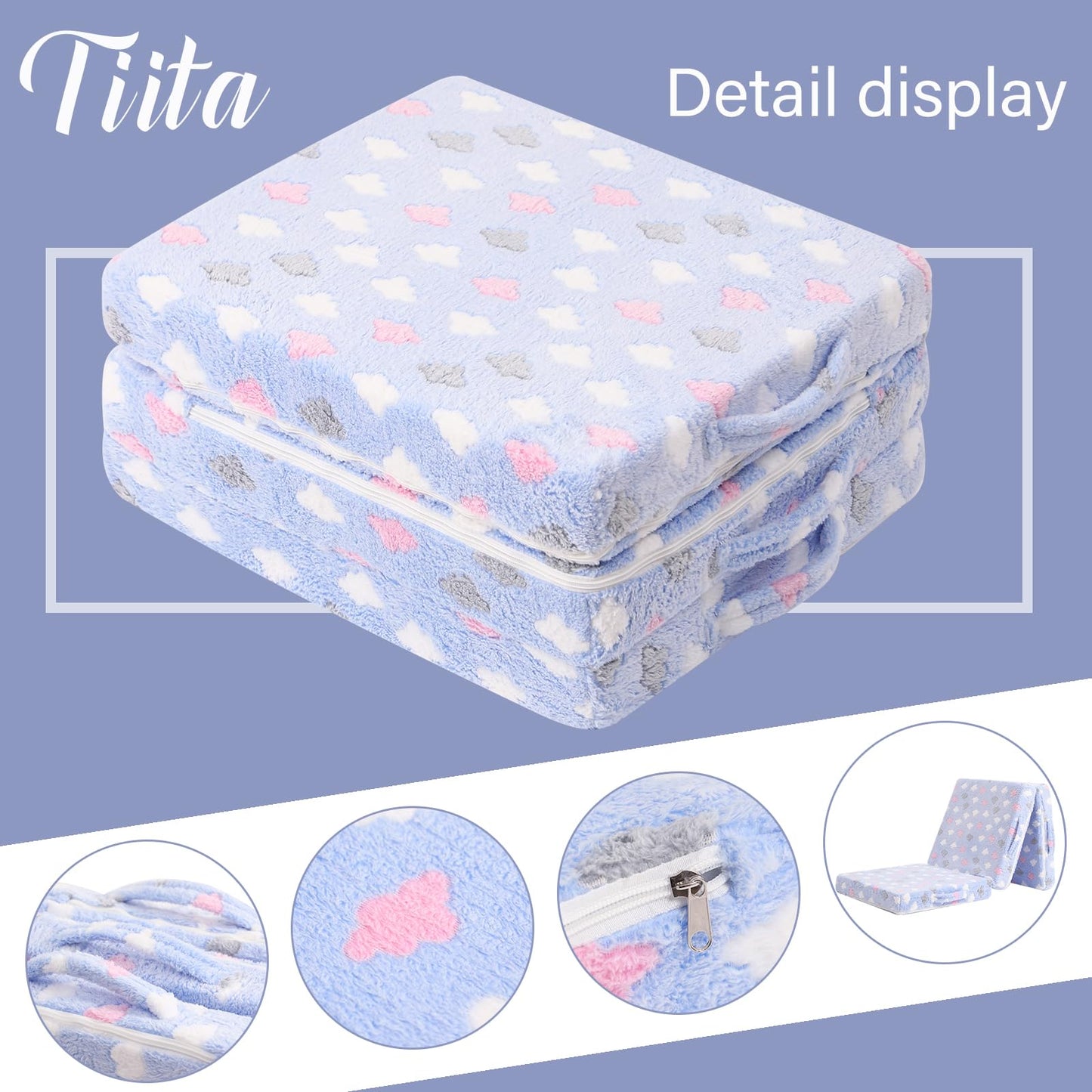 Tiita Toddler Foldable Floor Mattress for Kids, Small Floor Nap Mat for Sleeping Daycare, Kids Trifold Chair, Portable Toddler Tri Folding Mattress for Girls and Boys,Blue Cloud
